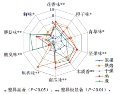图3 不同预处理方式沙枣样品的感官评价雷达图